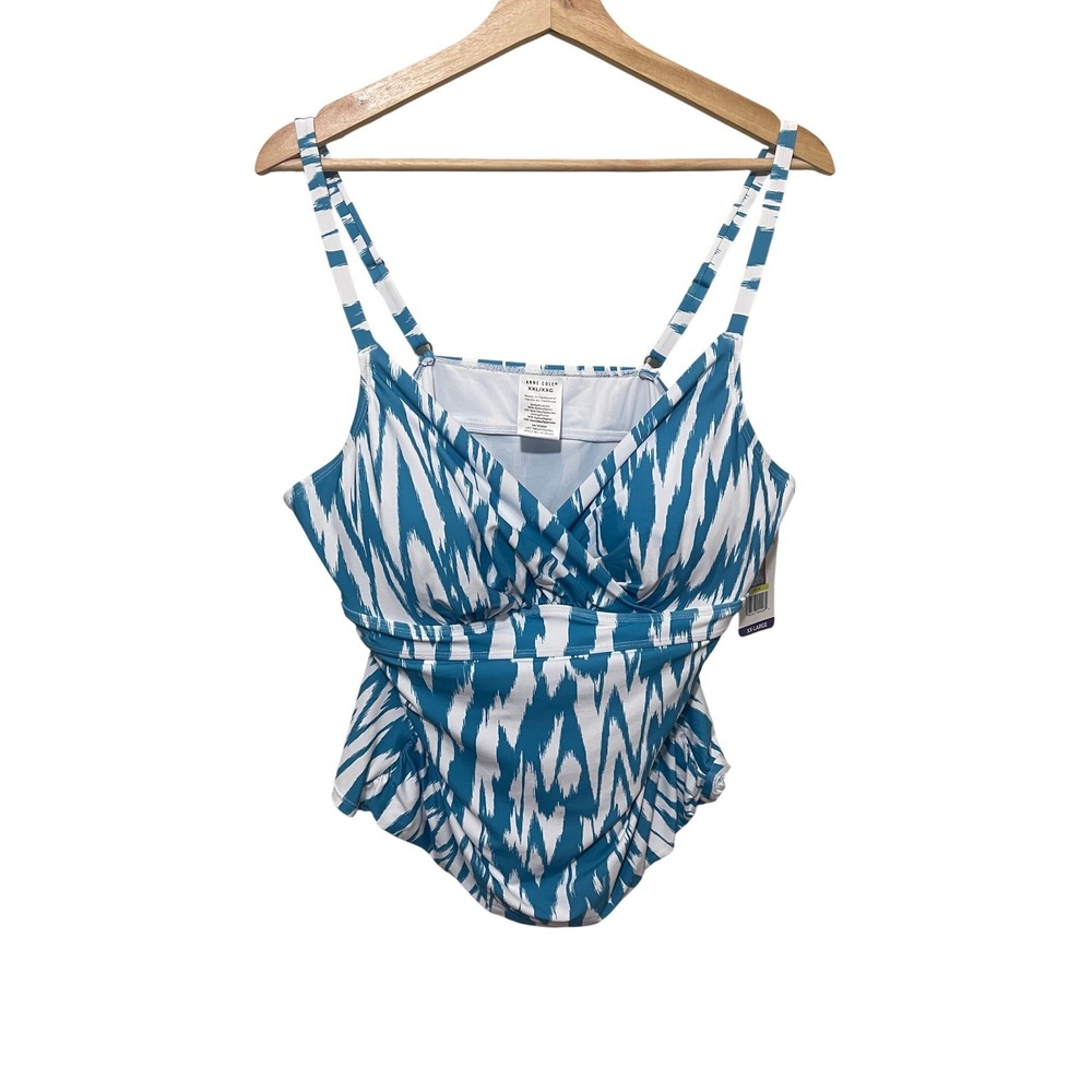 Anne Cole Womens XXL Tankini Top Turquoise White Ikat Print UPF 50 ACSK400 NEW‎